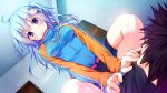  1girl blue_hair blush breasts game_cg girl_on_top kino_(kino_konomi) kino_konomi konomi_(kino_konomi) legs long_hair looking_down lying nakano_mei shirogane_x_spirits sitting sitting_on_person small_breasts thighs violet_eyes 