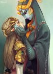  2girls alderion-al blue_skin brown_hair front_ponytail height_difference jewelry long_hair makeup midna midna_(true) multiple_girls orange_hair pointy_ears princess_zelda red_eyes size_difference spoilers the_legend_of_zelda the_legend_of_zelda:_twilight_princess 
