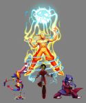  1boy 3girls aura avatar:_the_last_airbender azula blue_fire capcom electricity facial_hair fire goatee grey_background handstand horns m-keane mai_(avatar) mask multiple_girls needle ninja ozai parody rockman rockman_(classic) shirtless shuriken simple_background ty_lee vampire_(game) 