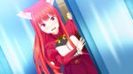  1girl aika_von_koruto animal_ears blush bow bowtie breasts door dutch_angle embarrassed fox_ears game_cg kinta long_hair looking_at_viewer mayachi_(amuriya) open_mouth red_eyes redhead skirt solo standing valkyrie_runabout! 
