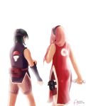  2girls akemiin haruno_sakura mother_and_daughter multiple_girls naruto simple_background uchiha_sarada 