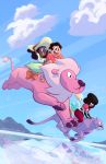  1boy 3girls amethyst_(steven_universe) blue_sky clouds connie_maheswaran dark_skin garnet_(steven_universe) lion lion_(steven_universe) multiple_girls outdoors pearl_(steven_universe) r-mask riding sky steven_quartz_universe steven_universe 