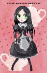  007_(pixiv295076) 1girl alice:_madness_returns alice_(wonderland) alice_in_wonderland american_mcgee&#039;s_alice bad_id black_hair dress english female full_body green_eyes long_hair solo teapot 