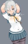  1girl :o arms_behind_head arms_up between_breasts blue_eyes breasts curvy hair_ornament hamakaze_(kantai_collection) heart heart-shaped_pupils kantai_collection kuavera large_breasts looking_at_viewer miniskirt open_mouth pantyhose school_uniform serafuku shirt short_hair silver_hair skindentation skirt solo symbol-shaped_pupils taut_clothes taut_shirt wide_hips 