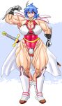  1girl armor blue_hair female flexing mocoack muscle pose red_eyes solo sword 
