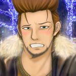  1boy beard brown_hair chirstmas_lights facial_hair jacket jewelry male_focus necklace one_piece pompadour solo thatch 