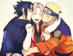  1girl 2boys alternate_costume black_hair blonde_hair blush cheek_kiss closed_eyes forehead_protector haruno_sakura kiss multiple_boys naruto oba-min pink_hair smile spiky_hair uchiha_sasuke uzumaki_naruto whiskers 