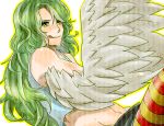  1girl camisole donquixote_pirates feathered_wings green_eyes green_hair harpy monet_(one_piece) monster_girl one_piece shorts solo striped_legwear wings 