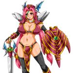  1girl armor bikini_armor blush breasts curvy expressionless huge_breasts long_hair navel pink_eyes pink_hair shield shiny shiny_skin solo standing sword ten2009 thigh-highs twintails very_long_hair wide_hips 