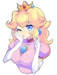  1girl blonde_hair blue_eyes breasts crown earrings elbow_gloves female gloves jewelry large_breasts lips long_hair super_mario_bros. one_eye_closed princess_peach puffy_sleeves solo super_mario_bros. white_gloves 