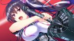  1girl breasts female game_cg kamura_masaki kino_(kino_konomi) kino_konomi konomi_(kino_konomi) large_breasts long_hair looking_away open_mouth ponytail purple_hair serious shirogane_x_spirits simple_background solo sword weapon 