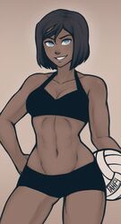  1girl bangs blue_eyes brown_hair dark_skin female hand_on_hip iahfy korra looking_at_viewer short_hair solo the_legend_of_korra toned volleyball 