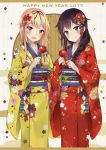  2017 2girls black_hair blonde_hair blue_eyes braid candy_apple floral_print flower food furisode hair_flaps hair_flower hair_ornament hair_over_shoulder happy_new_year highres japanese_clothes kantai_collection kimono looking_at_viewer multiple_girls nengajou new_year obi open_mouth red_eyes remodel_(kantai_collection) sash single_braid smile wide_sleeves yukinoshita_(shaonjishi) yuudachi_(kantai_collection) 
