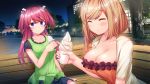  2girls bench blonde_hair blue_eyes blush breasts cleavage closed_eyes food game_cg happy ice_cream kino_(kino_konomi) kino_konomi konomi_(kino_konomi) kuka_hinata large_breasts legs long_hair looking_at_viewer multiple_girls nijioka_riri pink_hair shirogane_x_spirits short_hair sitting skirt smile thighs 