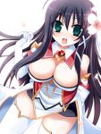  1girl bare_shoulders black_hair blush breasts cleavage female green_eyes happy large_breasts long_hair looking_at_viewer open_mouth smile solo zazizaku 