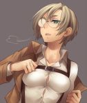  1girl breasts glasses jacket rico_brzenska shingeki_no_kyojin short_hair simple_background solo sweat sweatdrop tkemn 