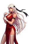  1girl breasts china_dress chinese_clothes cleavage cleavage_cutout dress dungeon_and_fighter fingerless_gloves gloves headband long_hair npc side_slit sizki solo thigh-highs violet_eyes white_hair white_legwear 