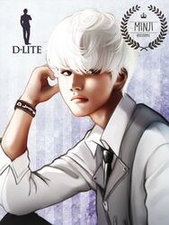  1boy bigbang character_name collared_shirt daesung k-pop male_focus necktie shirt sitting solo waistcoat white_hair 