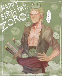  ... 1boy birthday border character_name earrings green_hair hair_over_one_eye hand_on_hip haramaki head_perch jewelry male_focus multiple_swords one-eyed one_piece open_clothes open_shirt robe roronoa_zoro sandai_kitetsu sash scar sheathed_sword shirt shusui solo sword wado_ichimonji 