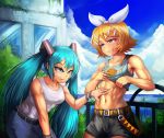  2girls :t blonde_hair blue_eyes blue_hair denim female grin hair_ornament hair_ribbon hairclip hatsune_miku jeans kagamine_rin long_hair multiple_girls muscle navel pants ribbon shirt_lift short_hair shorts smile stomach toned twintails vocaloid yilx 