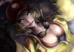  1girl baseball_cap bikini_top black_gloves blonde_hair bra breasts cidney_aurum cleavage cropped_jacket curly_hair dirty dirty_face dutch_angle female final_fantasy final_fantasy_xv gloves goggles goggles_around_neck green_eyes hat high_collar jacket large_breasts lips looking_at_viewer lying mouth_hold nose on_back open_clothes open_jacket pecolondon short_hair solo underwear unzipped wrench zipper 