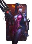 1girl blue_skin breasts female large_breasts lips looking_at_viewer overwatch ponytail purple_lips solo very_long_hair wide_hips widowmaker_(overwatch) yellow_eyes 
