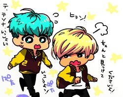  2boys bigbang blonde_hair blue_hair chibi daesung highres k-pop letterman_jacket male_focus multiple_boys open_mouth running running_man t.o.p_(bigbang) 