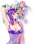  1girl arm_up armpits breasts breasts_apart camisole collarbone flower long_hair navel nico_robin one_piece purple_hair shiny shiny_hair smile solo upper_body 
