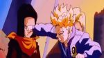  1girl 2boys android_17 android_18 animated animated_gif black_hair blonde_hair dragon_ball dragonball_z fighting multiple_boys punching super_saiyan trunks_(dragon_ball) 