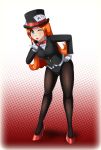  1girl blown_kiss blue_eyes bow bowtie fishnet_pantyhose fishnets gloves hand_on_hip high_heels leaning_forward leotard long_hair magician mona_(warioware) nintendo one_eye_closed orange_hair pantyhose solo top_hat warioware wink 