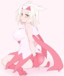  1girl ass bare_shoulders blush breasts covering covering_ass dress feet female headband huge_ass large_breasts latias natsuki_straight nintendo panties personification pokemon pout red_panties scarf short_hair simple_background socks solo underwear wariza white_hair yellow_eyes 
