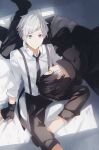  2boys asymmetrical_bangs bangs bishounen black_gloves black_hair black_necktie bungou_stray_dogs closed_eyes collared_shirt fingerless_gloves gloves male_focus multiple_boys nakajima_atsushi_(bungou_stray_dogs) necktie shirt single_sidelock sleeping smile sunlight suspenders takerusilt white_hair 