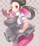  1girl ascot black_hair bow breasts checkered checkered_background dress female grey_dress gym_leader hair_ornament hand_on_hip hips impossible_clothes kazo large_breasts nintendo pantyhose pink_legwear pokemon red_eyes smile solo tsutsuji_(pokemon) twintails wide_hips 