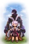  1boy 1girl animal_ears black_hair elezen elf final_fantasy final_fantasy_xiv lalafell looking_back pink_hair pointy_ears poklala rabbit_ears sitting size_difference smile tree_stump twintails 