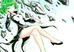  1girl absurdres bare_legs curly_hair dress flying green_eyes green_hair highres impossible_clothes impossible_dress long_sleeves one-punch_man panties pantyshot psychic shoes sky superhero tatsumaki underwear 