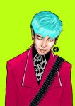  1boy ammunition aqua_hair bigbang cravat earrings jacket jewelry k-pop lowres male_focus realistic red_jacket simple_background solo t.o.p_(bigbang) wink 