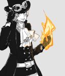  1boy fire gloves goggles goggles_on_hat hand_on_headwear hat male_focus one_piece sabo_(one_piece) solo spot_color top_hat 