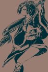  1girl akali closed_mouth collarbone female hal-13 holding holding_weapon league_of_legends long_hair looking_at_viewer mask mask_on_head monochrome ponytail simple_background solo traditional_clothes weapon 