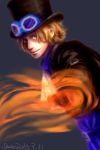  1boy blonde_hair coat fire gloves goggles goggles_on_hat hat male_focus one_piece sabo_(one_piece) solo top_hat 