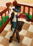  1boy 1girl belt boots carrying checkered checkered_floor gloves goggles hat jacket koala_(one_piece) one_piece pants sabo_(one_piece) scar skirt thigh-highs 