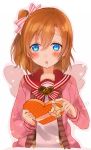  1girl blue_eyes blush box female kakizato kousaka_honoka love_live!_school_idol_project orange_hair ribbon short_hair side_ponytail solo valentine wings 