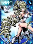 1girl absurdly_long_hair angel_wings ass bare_back bird blindfold blonde_hair breasts bridal_gauntlets butt_crack card_(medium) card_game choker curvy detached_sleeves digimon digimon_collectors female huge_ass large_breasts lowres olympos_xii panties ponytail smile solo thick_thighs thighs underwear venusmon very_long_hair white_panties wings 