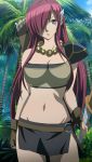  1girl aoi_sekai_no_chuushin_de arrow belt blue_eyes bow breasts cleavage female fingerless_gloves gloves hair_ornament hair_over_one_eye highres jewelry jungle large_breasts midriff nature navel necklace opal_(aoi_sekai_no_chuushin_de) palm_tree purple_hair screencap skirt solo stitched sweatdrop tree very_long_hair weapon 