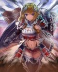  1girl armor blonde_hair breasts cleavage flag mizya original serious shield short_hair solo sword violet_eyes weapon 