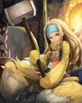  1girl baggy_pants blonde_hair braid chains crafting_shop_daughter_(monster_hunter) female gloves green_eyes hair_over_shoulder hammer headband looking_at_viewer midriff monster_hunter monster_hunter_4 pants solo weapon 