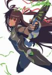  1girl aoi_nagisa_(artist) brown_hair dual_wielding female gloves gun hair_ribbon legs long_hair lowres mizuki_yukikaze ninja official_art ribbon solo taimanin_asagi taimanin_asagi_battle_arena tan weapon 