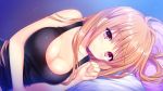  1girl bed blue_eyes blush breasts cleavage female game_cg kino_(kino_konomi) kino_konomi konomi_(kino_konomi) large_breasts long_hair looking_at_viewer lying on_side orange_hair pillow shinonome_setsuna shirogane_x_spirits simple_background smile solo 