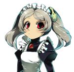  1girl apron bloody_marie_(skullgirls) female hair_ornament maid maid_apron red_eyes silver_hair skull_hair_ornament skullgirls solo symbol-shaped_pupils twintails 