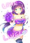  1girl :p bare_shoulders blush breasts cheerleader cleavage female gloves green_eyes headphones jpeg_artifacts kakizato looking_at_viewer love_live!_school_idol_project md5_mismatch microphone midriff navel purple_hair resized skirt smile solo thigh-highs tongue tongue_out toujou_nozomi twintails 