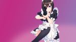  1girl black_hair black_legwear blue_eyes breasts cleavage female game_cg kino_(kino_konomi) kino_konomi kneeling konomi_(kino_konomi) large_breasts legs looking_at_viewer maid maid_headdress shirogane_x_spirits short_hair simple_background solo thighs udzuki_tokiko weapon 